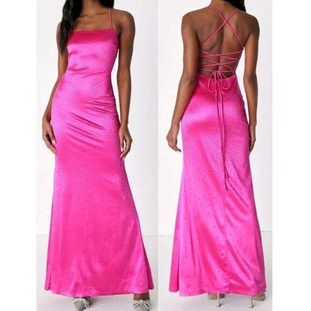 Lulus Radiant Stunner Hot Pink Satin Rhinestone Lace-Up Maxi Dress Size Small